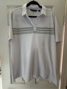 Travis Mathew White Polo with Gray and Green Stripe Detail